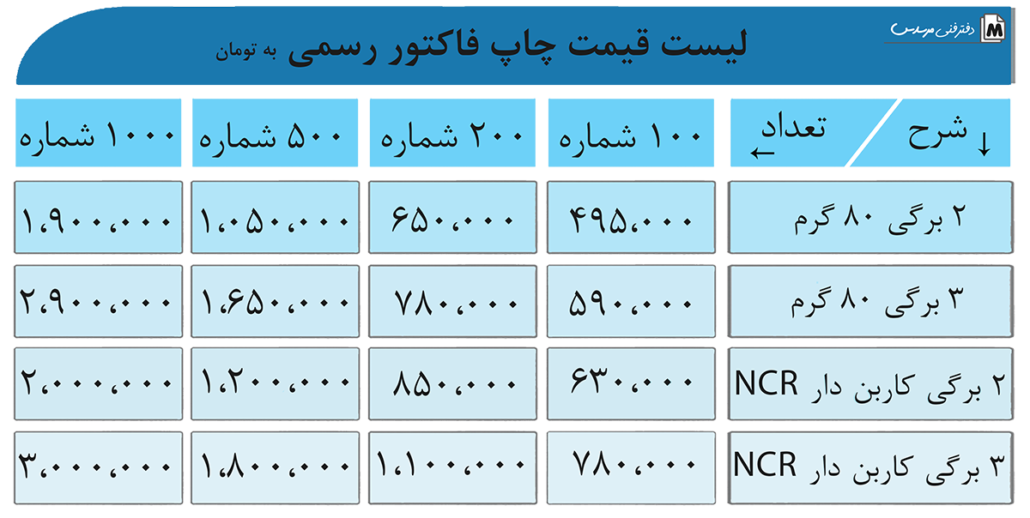قیمت چاپ فاکتور رسمی